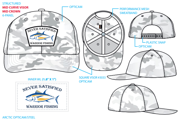 Never Satisfied Warrior Fishing Patch Hat (Mid Crown - Artic Opticam Steel)
