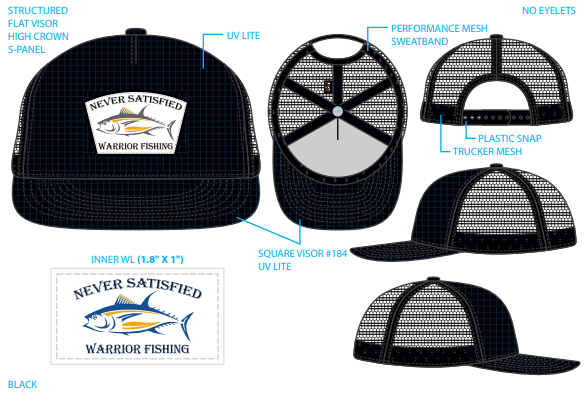 Never Satisified Warrior Fishing Patch Hat (Flat Brim Black Mesh)