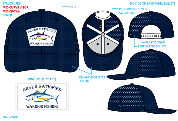 Never Satisified Warrior Fishing Patch Hat (Mid Crown - Navy Blue)
