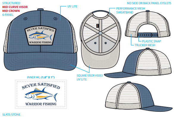 Never Satisfied Warrior Fishing Patch Hat (Mid Crown Slate w/ Stone Mesh)
