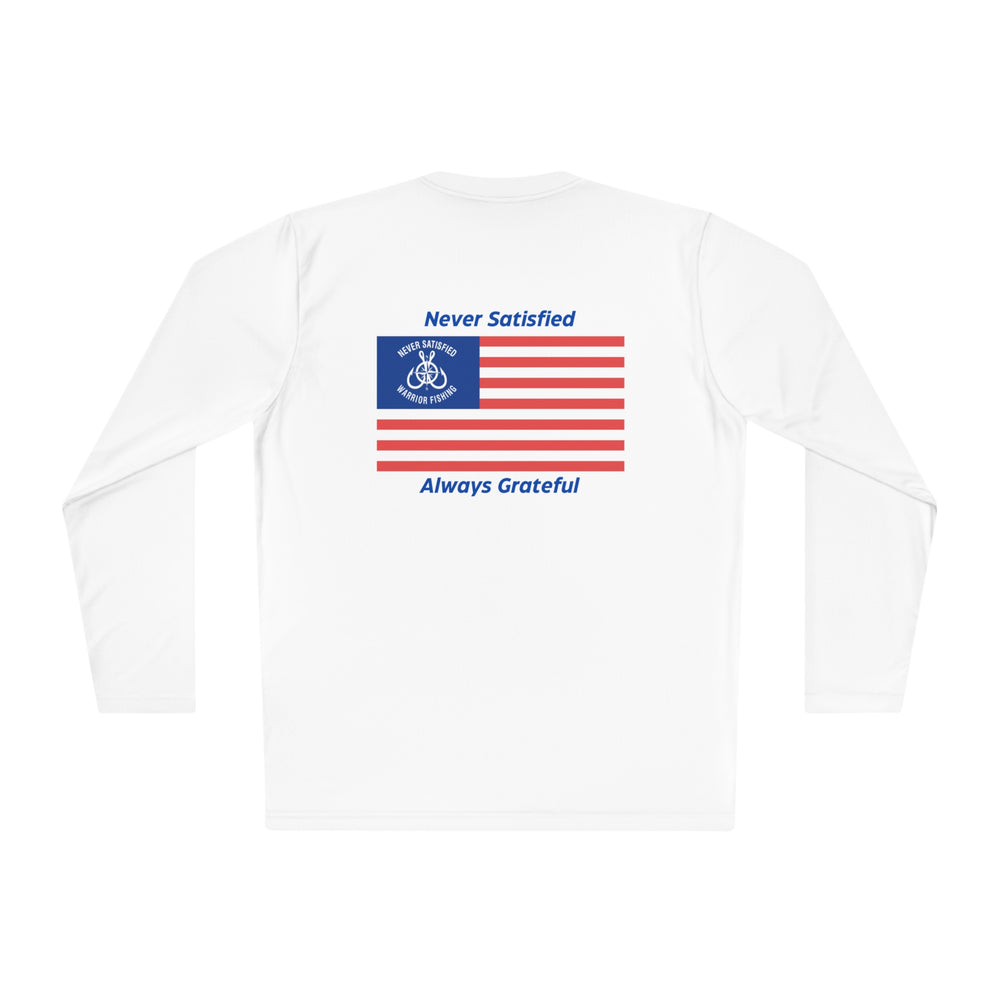 Never Satisfied, Always Grateful American Flag Activewear Long Sleeve Tee