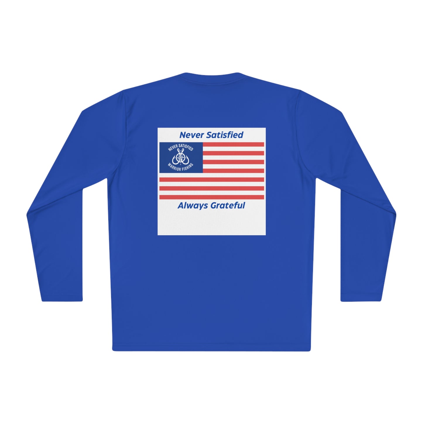 
                  
                    Never Satisfied, Always Grateful American Flag Activewear Long Sleeve Tee
                  
                