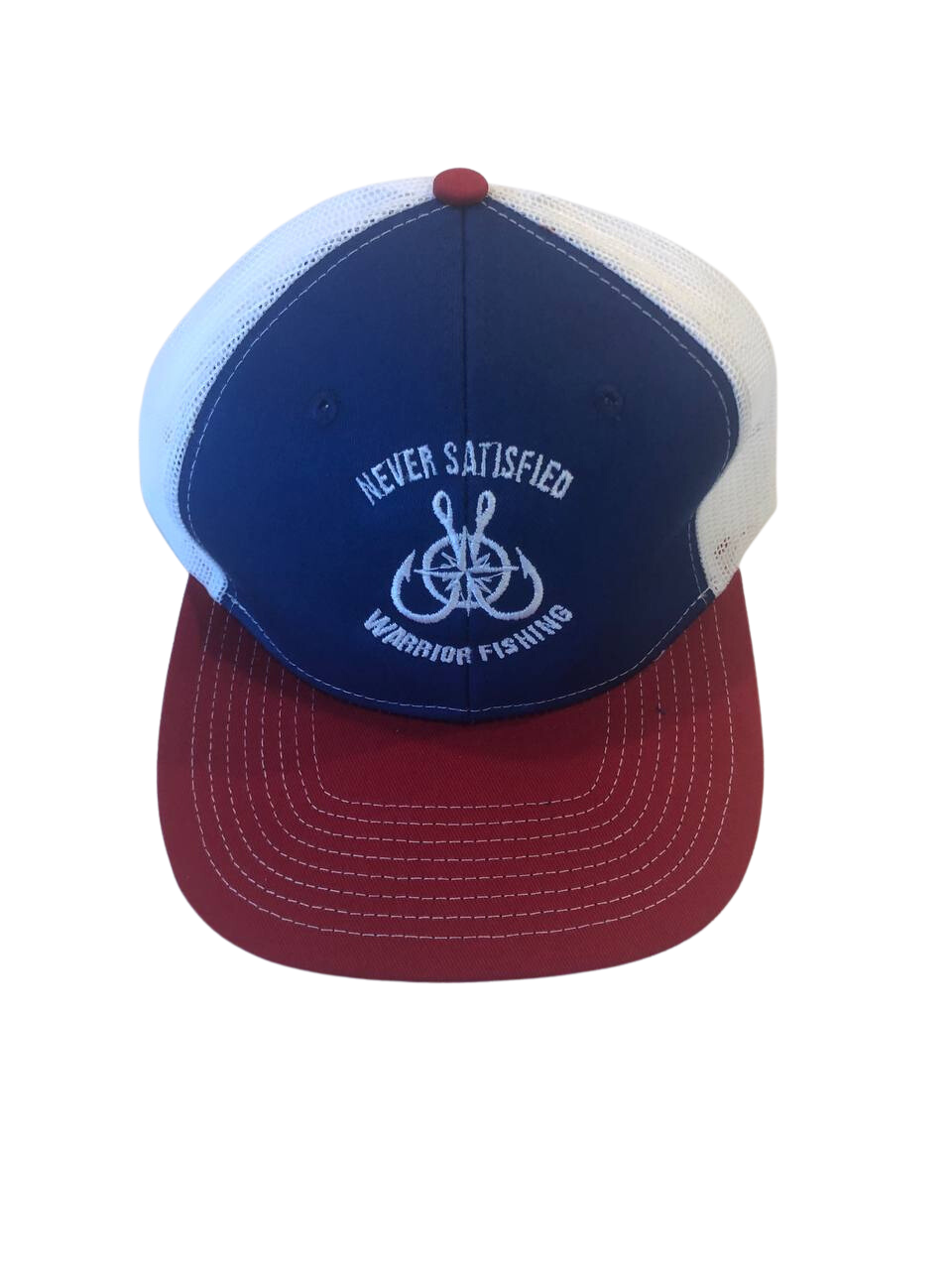 Never Satisfied Warrior Fishing Hat (Red/White/Blue)